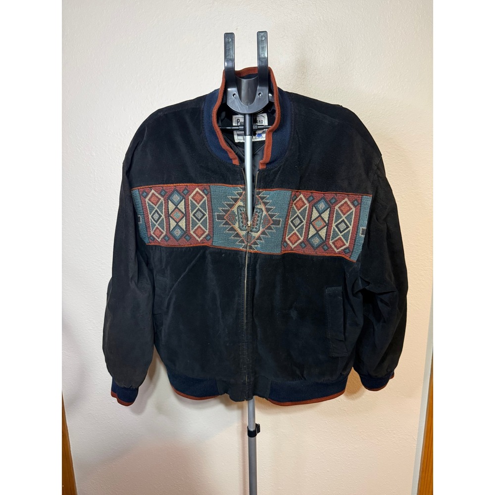 Pioneer Wear Mens XL Black Suede Leather Southwestern Tapestry Bomber Jacket